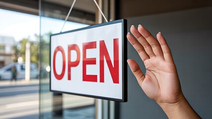 Hand raised near open sign on glass door of modern shop
