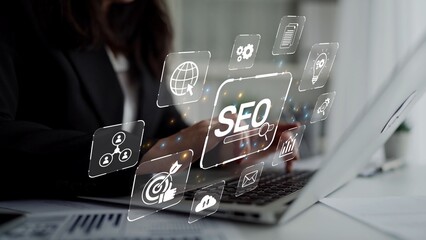 SEO concept for improving SEO visibility, with SEO related digital tools and SEO performance icons shown in an focused layout for strategic marketing. Muxer