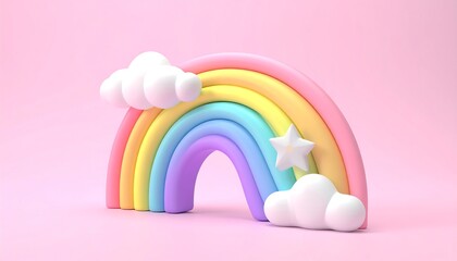 Pastel Rainbow with Clouds and Star on Pink Background.