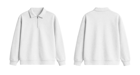 Blank White Quarter Zip Polo Sweatshirt Mockup Front and Back Isolated on Transparent Background