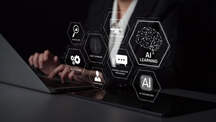 AI learning system involves deep learning, supervised machine learning, and natural language processing. AI learning diagram shows how AI advances learn in automation and data processing. Muxer
