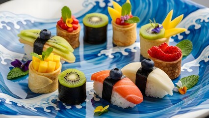 Colorful gourmet sushi and sweet fruit rolls beautifully presented on a distinct blue wave-patterned plate, showcasing a delightful fusion of culinary artistry