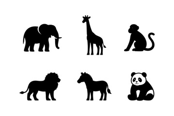 Fototapeta premium Silhouette animal icons: elephant, giraffe, monkey, lion, zebra, panda designs