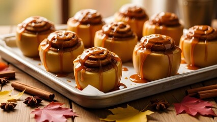 Deliciously baked apples filled with cinnamon and drizzled with caramel sauce, a perfect autumn dessert treat