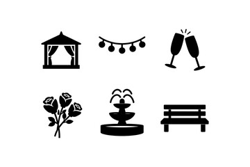 Romantic silhouette icons: gazebo, string lights, champagne, roses, fountain, bench
