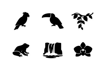 Obraz premium Silhouette icons of tropical wildlife and nature elements