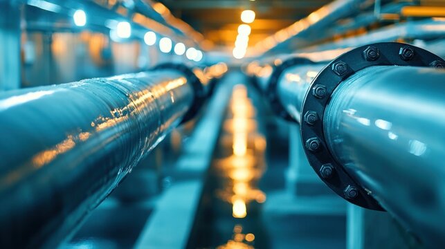 Industrial pipes in a blue lit environment