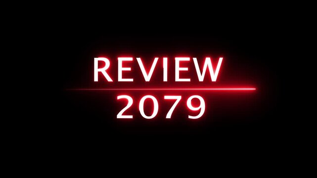 Review 2079 neon text animation. Business planning with focus on goals. Review financial target. Strategy digital technology success planning.