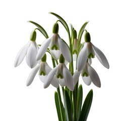 Fototapeta premium Pristine white snowdrop flowers, delicately drooping, perfectly isolated on transparent background, ideal for early spring themes, Valentine's Day designs, Mother's Day cards, wedding invitations,