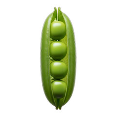 Perfectly formed green pea pod, partially opened revealing three plump, bright green peas, isolated on transparent background. Ideal for fresh food packaging, spring recipes, organic content,