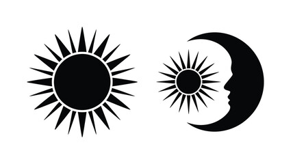 Fototapeta premium Sun and moon silhouettes vector icons isolated on white background, celestial symbols in black