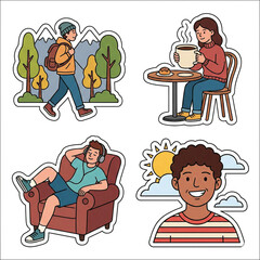 Vibrant illustrated stickers of people enjoying daily activities hiking, coffee breaks, relaxation, and joyful expressions. Ideal for design
