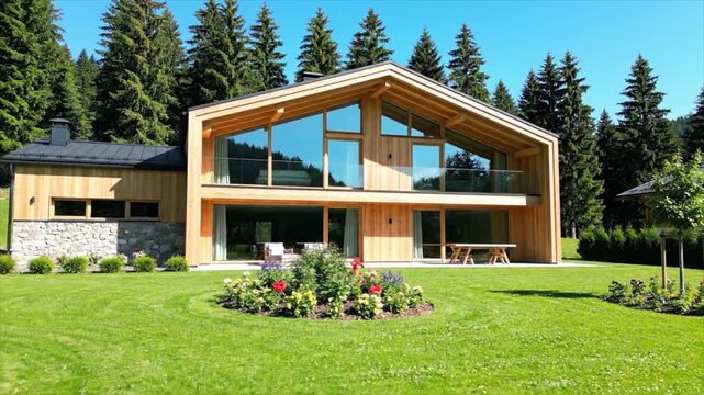 Modern wooden mountain chalet with large windows surrounded by lush green trees and manicured lawn