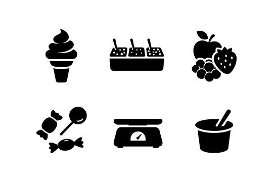 Silhouette icons of desserts and fruits: ice cream, candy, yogurt, and more