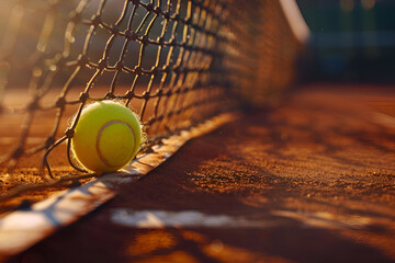 Tennis ball impacting net on clay court mid air moment