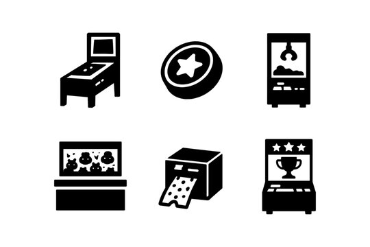 Arcade game icons set featuring pinball, claw machine, and prize box in silhouette style