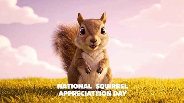 A cute cartoon squirrel stands in the grass on a special appreciation day.