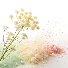 Dill flower with colorful powder explosion and white spheres