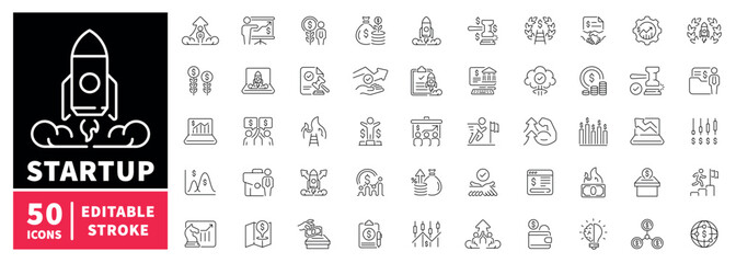 Startup and business editable line icons set. entrepreneur and innovation graphics