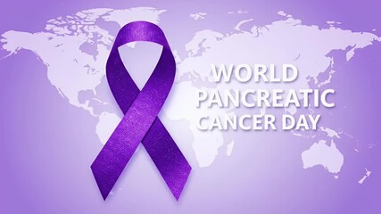 Purple ribbon for pancreatic cancer awareness on a world map banner.