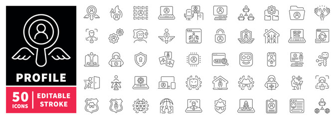 Profile editable line icons set: personal identity and user interface graphics