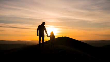 Obraz premium Silhouette of a man and child holding hands on hill at sunset with vibrant colors in the sky