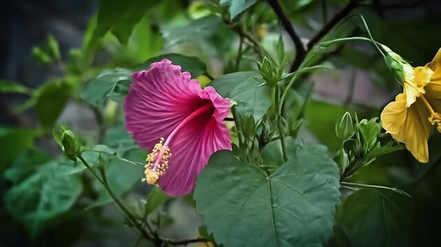 Vibrant hibiscus blossoms in lush green foliage in natural sunlight