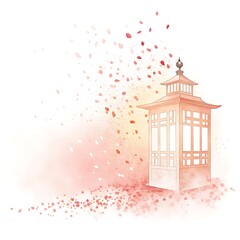 Watercolor lantern with falling pink petals and mist