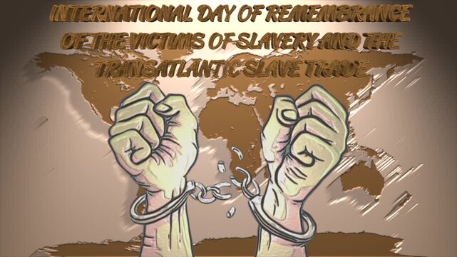 International day of remembrance of the victims of slavery and the transatlantic slave trade animation with broken chains on world map background