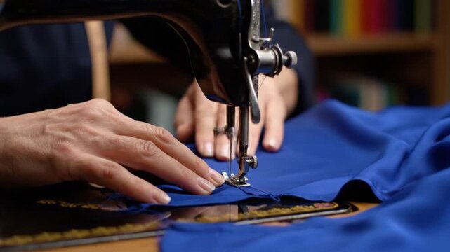 A person skillfully sews blue fabric using an industrial sewing machine indoors.