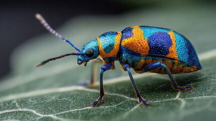 Extreme closeup of iridescent blue and orange beetle on leaf