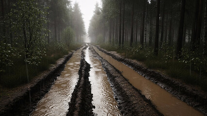 Obraz premium Rain-soaked, deeply rutted mud track winding through a dense, dark forest under a misty sky, evoking a sense of rugged wilderness and solitude on a challenging journey