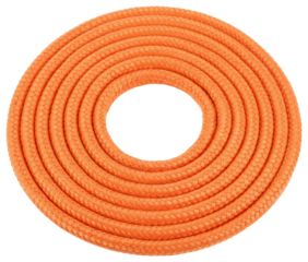 Coiled bright orange climbing rope arranged in a neat circular spiral isolated on a transparent background