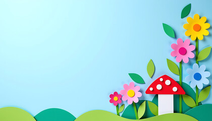 Paper cutout red spotted mushroom with colorful flowers on green hill blue sky background