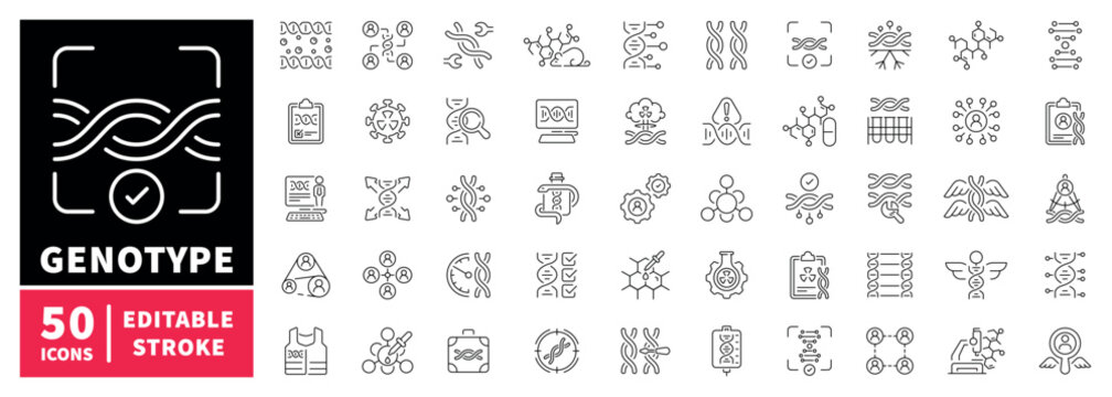 Genotype editable line icons set: dna, genetics, and bioinformatics symbols