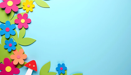 Paper cutout red spotted mushroom with colorful flowers on green hill blue sky background