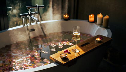 Luxury romantic bath with rose petals, champagne glass, and burning candles, relaxing spa atmosphere for Valentine's Day or honeymoon.
