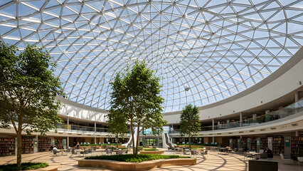 Fototapeta premium Large modern building with glass roof and trees inside a spacious atrium area with white background