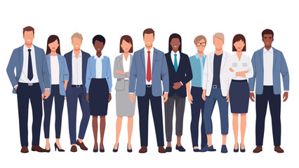 Obraz premium Flat vector illustration of a diverse group of professionals standing together in modern casual outfits. Clean shapes, simple design, solid colors, and a white background