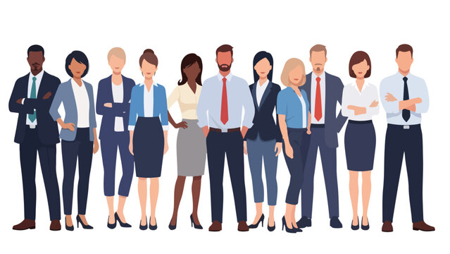 Flat vector illustration of a diverse group of professionals standing together in modern casual outfits. Clean shapes, simple design, solid colors, and a white background