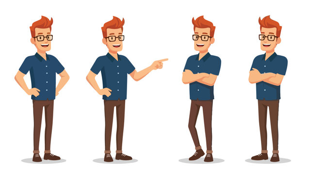 Flat vector cartoon of a smiling red-haired man with glasses in multiple poses, simple shapes, minimal background