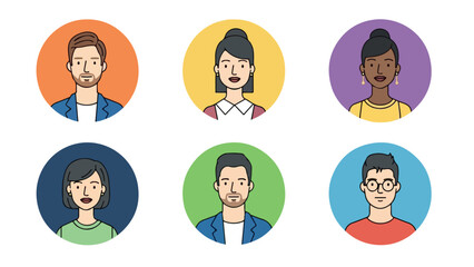 A set of six minimalist avatar illustrations in circular frames. Simple faces, flat design, soft pastel colors, solid backgrounds, and a clean modern look on a white background