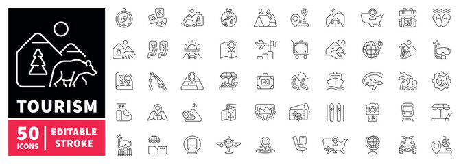 Tourism icons set. editable line icons, outline, vacation, travel, adventure symbols