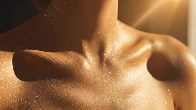 Golden, glistening chest and shoulder, light playing across the skin. It evokes warmth, texture, form, and subtle shimmering illumination