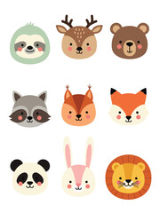 Fototapeta premium A cute flat vector set of forest animal faces with simple features, soft pastel colors, and a playful style on a white background
