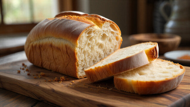 A loaf of bread cut on a wooden cutting board in a kitchen  homemade bread  food