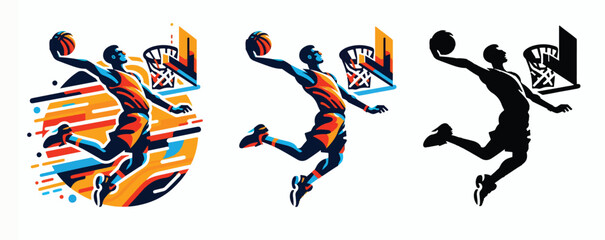 Vector set of flat vector illustration of a basketball player doing a slam dunk, bold shapes, no gradients, full colour and black and white version © Haris Lost