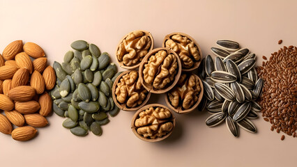 Obraz premium Variety of nuts and seeds on a beige background, healthy food
