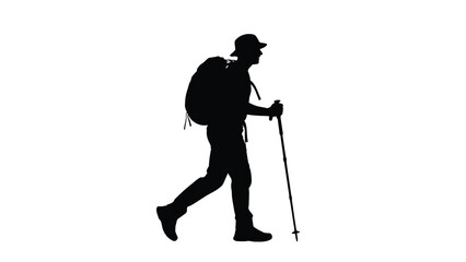Silhouette of a determined hiker wearing a hat and carrying a large backpack while using a trekking pole