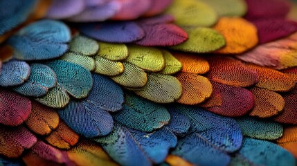 Macro photo of vibrant iridescent bird feathers